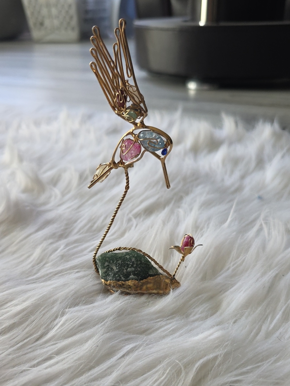 Gold-Tone Multicolor Hummingbird Decoration with Green Stone Base